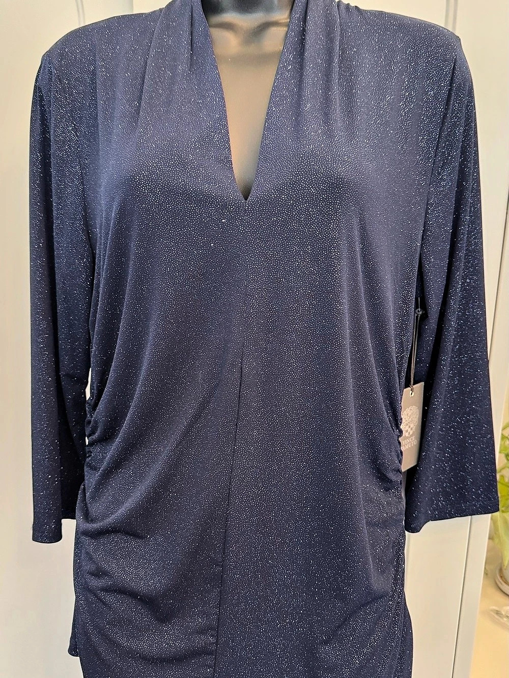 Vince Camuto L Navy Blue Glitter Ruched V Neck Long Sleeve Top NWT Party